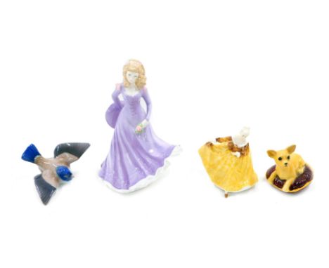 A Royal Worcester porcelain figure of Lisa, Beswick Chihuahua, small Copenhagen blue tit, and a Royal Doulton small figurine 