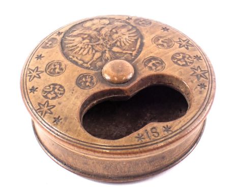 A 19thC pressed wood snuff box, decorated with a Prussian style double headed eagle and various roundels containing stags, et