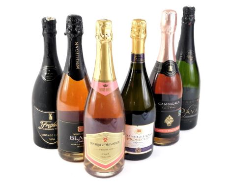 Six bottles of sparkling wine, to include Freixenet vintage Cava 2004, Prosecco, etc. 