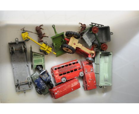 Selection of Lesney vehicles including double decker buses, Majorettes Ford tractor, Hornby series platform furniture etc