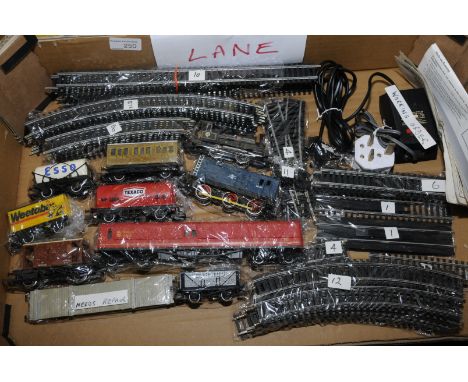 Box of OO gauge track, wagons etc. including Lancashire Yorkshire 627 tank and diesel 08201 engine 