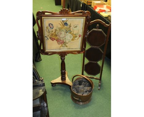 Victorian mahogany pole screen with needlework tapestry panel, Edwardian folding three tier cake stand, copper coal helmet (3