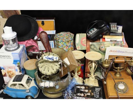 Collection of assorted novelty items, to include a brass coal scuttle, metal chess set, leather vanity case, model car BMW Is