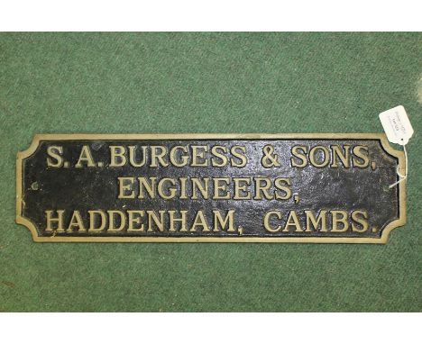 Brass steam engine manufacturers plaque "S.A. Burgess &amp; Sons engineers Haddenham Cambridge", 49cm x 14cm