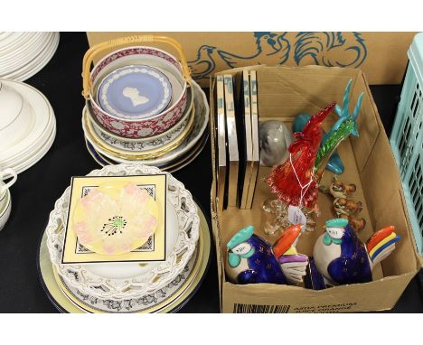 Collection of ceramic and glass cockerel and other animal figures, together with assorted ceramic plates, bowls and picture f
