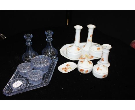 Art Deco style blue glass dressing table set, foliage decorated porcelain dressing table set (qty)