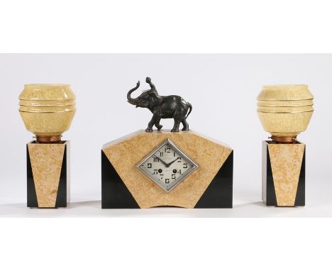 Art Deco cream and black marble mantel clock garniture, the clock pediment with elephant and mahout above a diamond shaped di