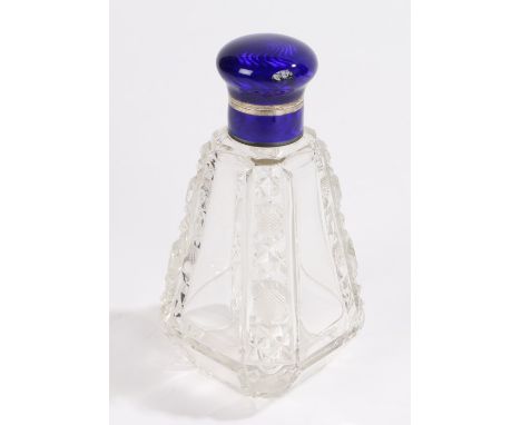 Continental silver and clear glass scent bottle, the hinged silver blue enamel decoration, the body with hobnail cut decorati