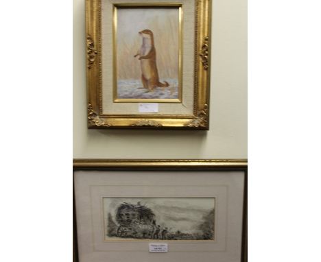 M. Parker, study of an otter, signed oil on board, housed in a gilt frame, the oil 11.5cm x 16.5cm, pen and wash study of fig