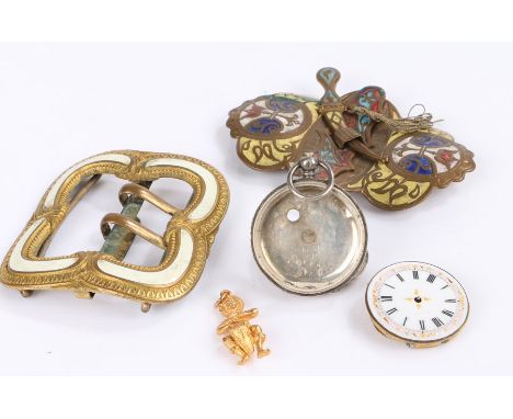 Two enamel decorated belt buckles, small gold coloured metal pendant, continental silver open face pocket watch (4)