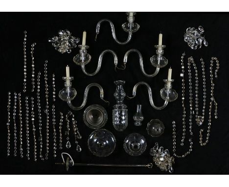 Late 20th Century chandelier, the five branches with candle effect sconces above hanging prismatic swags and drops