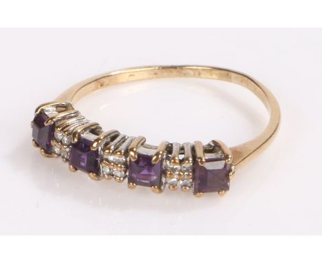 9 carat gold ring, the bar head set with amethysts and diamonds ring size N 1/2