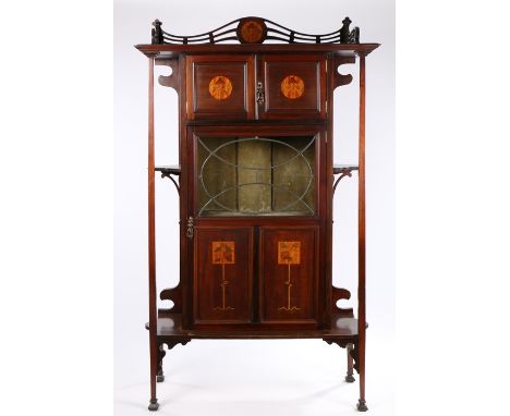 Liberty style Art Nouveau display cabinet, the sweeping pierced three-quarter galleried top with floral marquetry inlaid roun