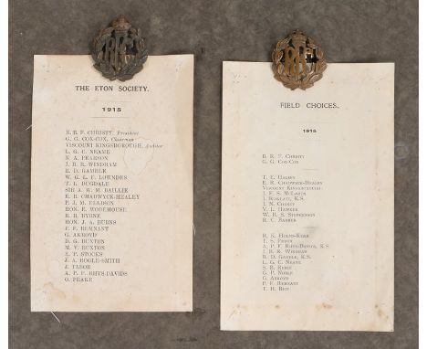 Two First World War Royal Flying Corps Cap badges, two loops to the reverse on each, crudely mounted on the back of a Victori