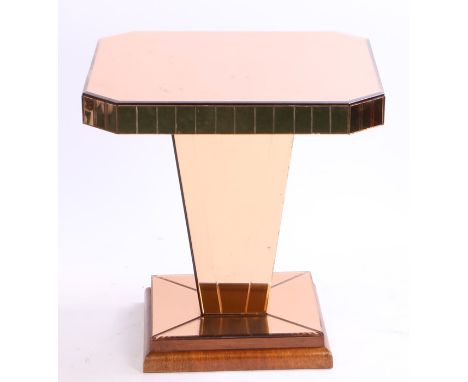 Art Deco mirror effect occasional table, the square top with canted corners above a tapering stem and stepped square base, 60