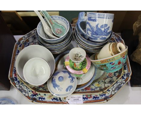 Oriental porcelain, to include two Chinese dishes, enamel bowls, spoons, Japanese vase, etc, (qty)