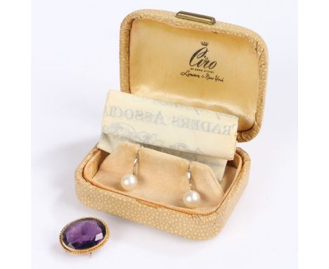 Pair of 9 carat white gold peal earrings and a yellow metal and amethyst  brooch / pendant (2)