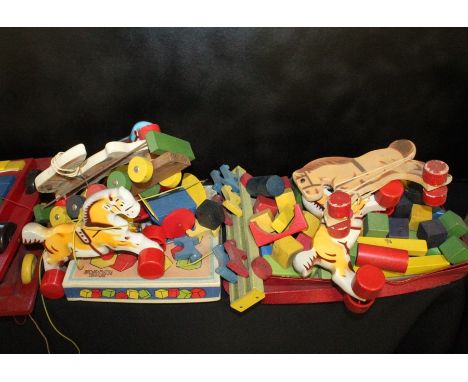 Chad Valley and similar children's building blocks, pull-along horses, rabbits, birds (qty)