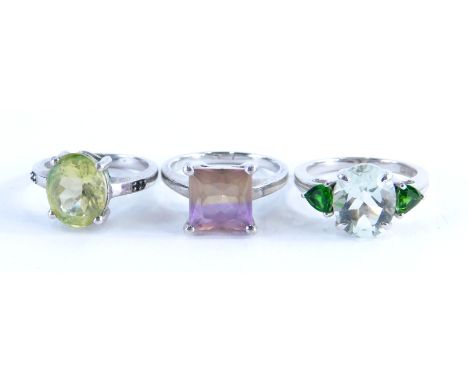 Three Gemporia silver dress rings, to include citron feldspar and champagne diamond dress ring, a Prasiolite and Chrome Diops