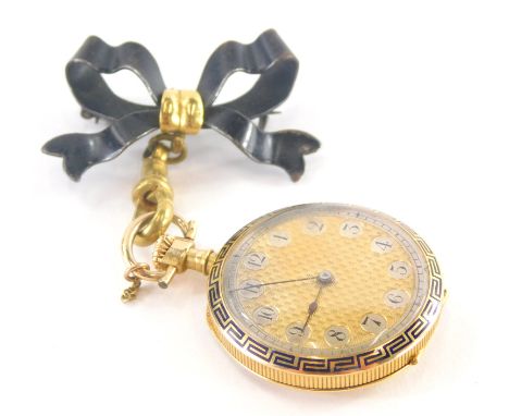 An Edwardian 14ct gold fob watch and chain, the fob watch with gold coloured dial and highlighted silvered numbers, with oute