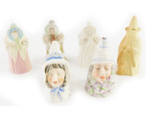 A collection of six novelty Royal Worcester and other candle snuffers. (AF) 