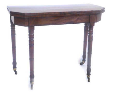 A 19thC mahogany card table, the rectangular top with canted front corners above a plain frieze with ebony stringing on turne