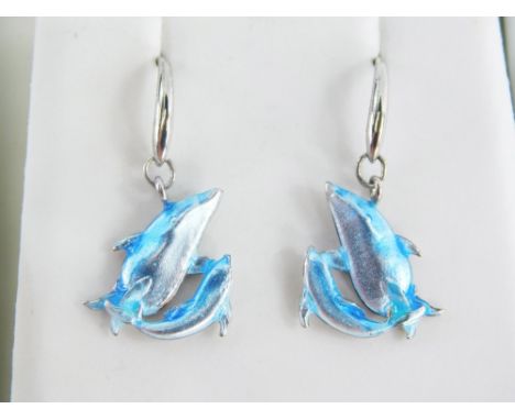 A pair of silver and enamel Nicole Barr dolphin drop earrings, each 2cm drop, boxed.