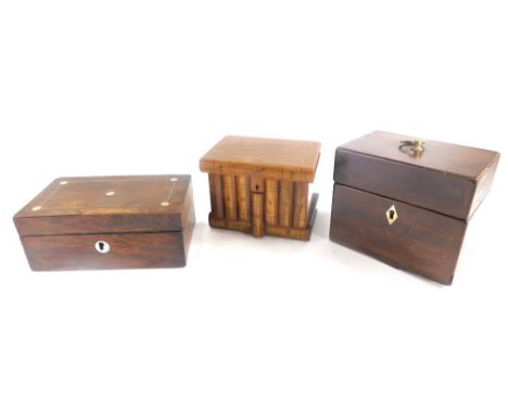 A collection of treen boxes, to include a 19thC rosewood box, with metal stringing and mother of pearl embellishments, 7.5cm 