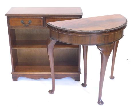 A figured mahogany demi lune card table, with baize interior on cabriole legs, and a mahogany bookcase, (2).