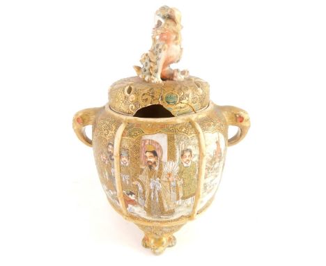 A late 19th/early 20thC Japanese earthenware pot pourri vase, with a dog of fo finial, the base decorated with figures in Sat