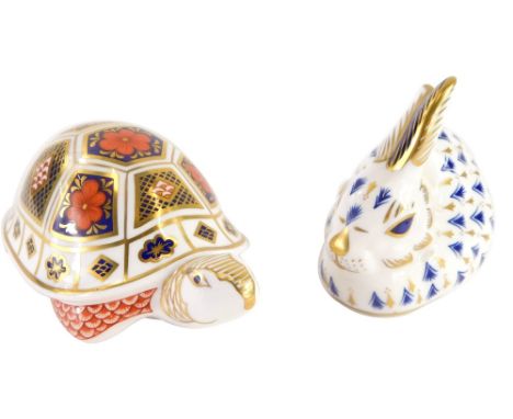 Two Royal Crown Derby porcelain paperweights, of a tortoise and baby rabbit, with silver stoppers. (2)