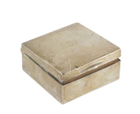 An early 20thC silver cigarette box, of square form, the top initialled AMC, 25th December 1912, the hinged lid revealing a t