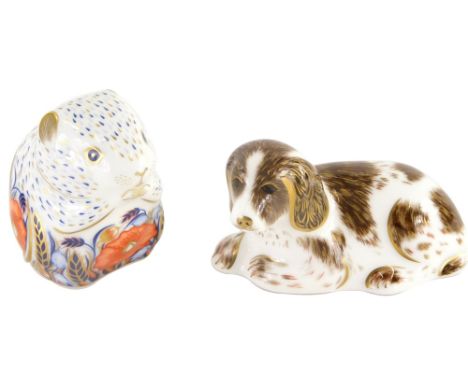 Two Royal Crown Derby porcelain paperweights, of Scruff with gold stopper, and Poppy Mouse, with silvered stopper. (2) 