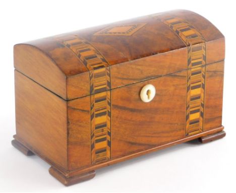 A 19thC and later dome top tea caddy, with parquetry cross banded decoration, the hinged lid revealing a lined interior, 11cm