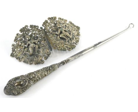 A group of silver and effects, to include a white metal Eastern nurses buckle, with two Medusa style figures, together with a