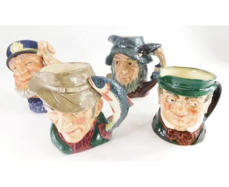 A collection of four Royal Doulton character jugs, Rip Van Winkle, The Poacher, Old Salt and another. 