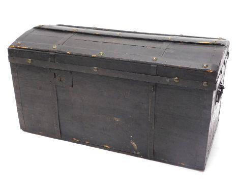 A stained wood and canvas dome top trunk, 87cm wide.