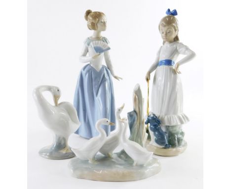 A Lladro goose, and two Nao figurines, and a Nao goose group.