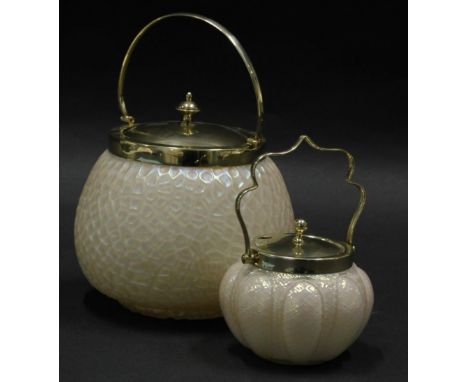 A late 19th/early 20thC opalescent art glass biscuit barrel, with silver plated mount, and a similar preserve jar, each in th