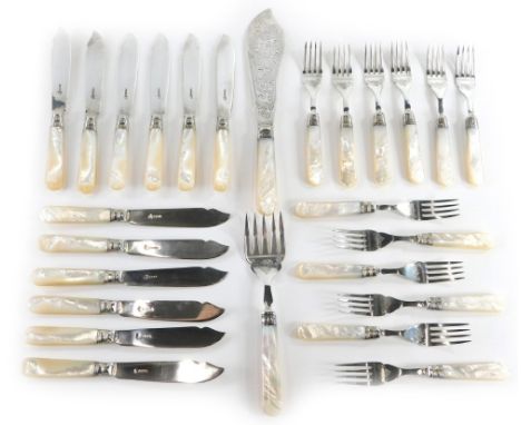 A George V fish serving set, with mother of pearl handles, silver collars for Sheffield 1907, with silver plated tops, compri