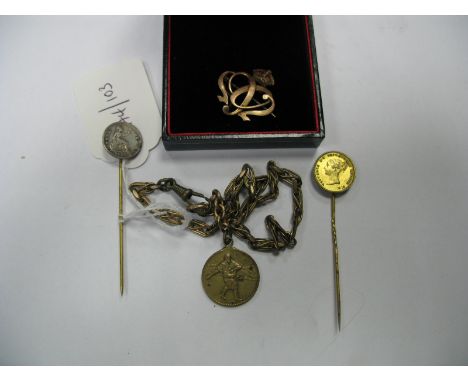 1902 (?) Commemorative Brooch, coin stick pins, etc.