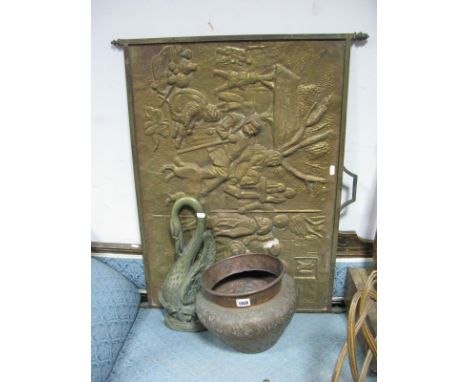 An Early XX Century Cast Brass Door Stop, modelled as a swan (?) (cast iron weighted) a copper planter decorated with animals