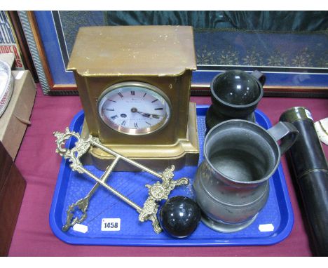 XIX Century Hovvell Lames & Co London - Paris, mantel clock, with enamel dial, painted gilded case, two XIX century tankards,