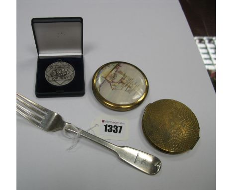 A Georgian Hallmarked Silver Fiddle Pattern Fork, crested; two ladies compacts, etc.