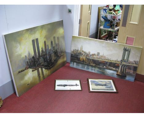 After Matthew Daniels, 'Manhattan Bridge' Print, 69 x 135cm. Art Solutions print New York, two others of British war planes. 