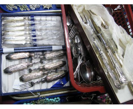 Assorted Plated Cutlery, including matching set of six knives and forks, a Kings pattern carving set, a hallmarked silver han