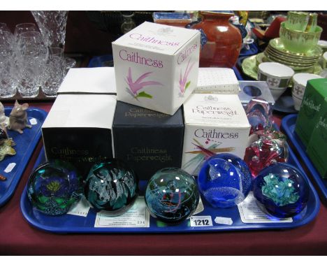 Caithness Paperweights: Tropicana No. 1743; Jubilee Orchid Ltd Edition No. 194; Star Beacon No. 18/750; Floral Illusion No. 7