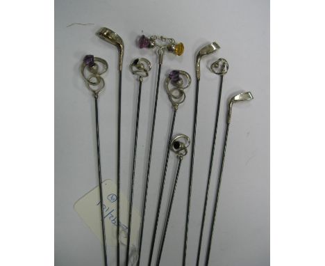 Hallmarked Silver Novelty Golf Club Finial Hatpins, Charles Horner and other thistle design, etc. (9)