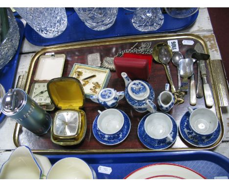 Dolls Willow Pattern Tea Set, vesta cases, table top lighter, cufflinks etc:- One Tray