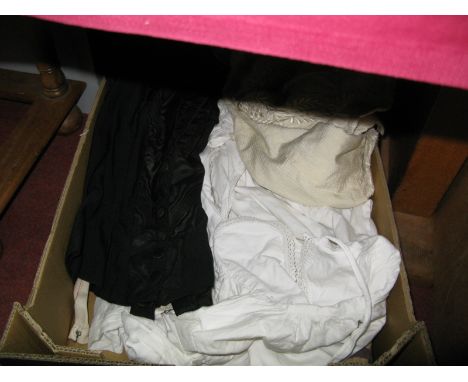 A Victorian Mourning Fitted Jacket, a Victorian cream lace trimmed blouse, cotton underskirts, bonnet etc:- One Box